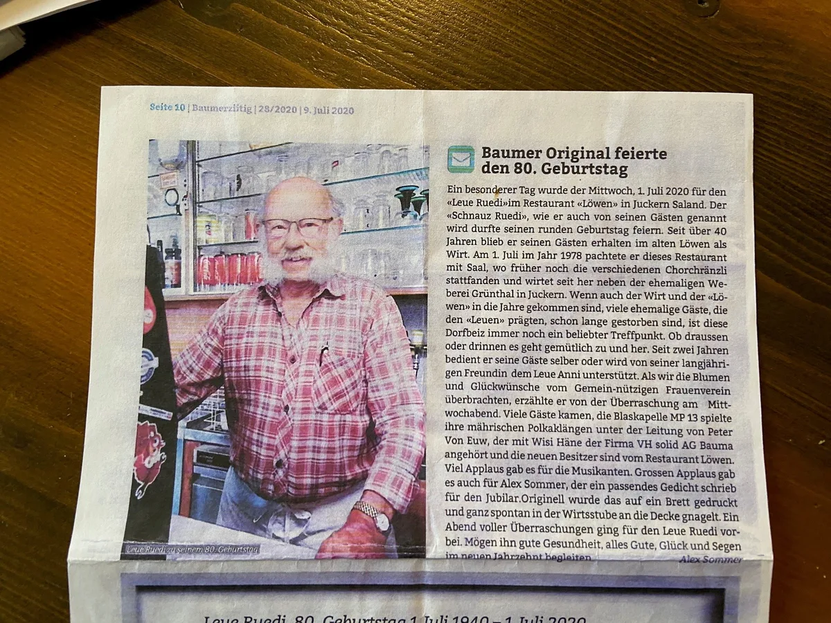 Ein Ausschnitt aus der «Baumerziitig» ist Ruedi Schiesser gewidmet.